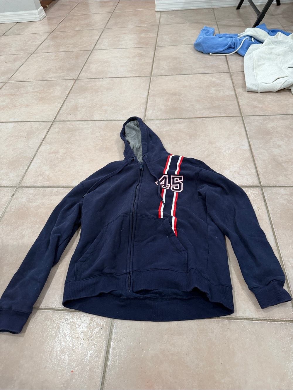 F45 size small Navy Zip-Up Hoodie with Red & White Racing Stripes @@@